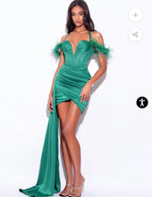 Load image into Gallery viewer, Elegant Emerald Satin Corset Draping Dress With Feather Strap