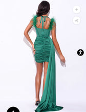 Load image into Gallery viewer, Elegant Emerald Satin Corset Draping Dress With Feather Strap