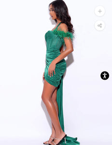 Elegant Emerald Satin Corset Draping Dress With Feather Strap